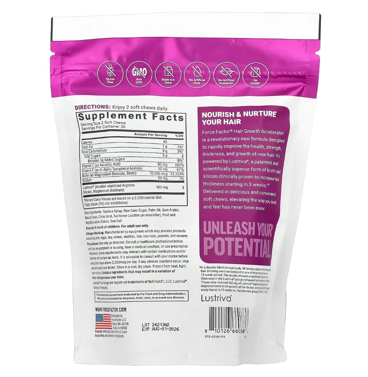 Force Factor Hair Growth Accelerator, Mixed Berry, 60 Soft Chews