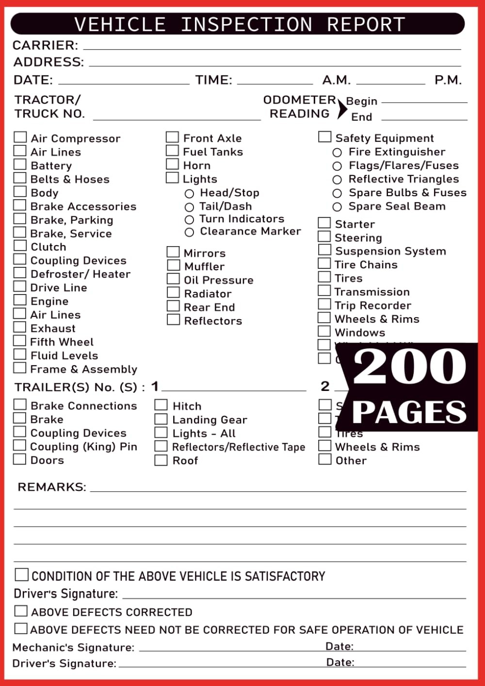 Driver Vehicle Inspection Report Book: Vehicle's Daily Checklist...