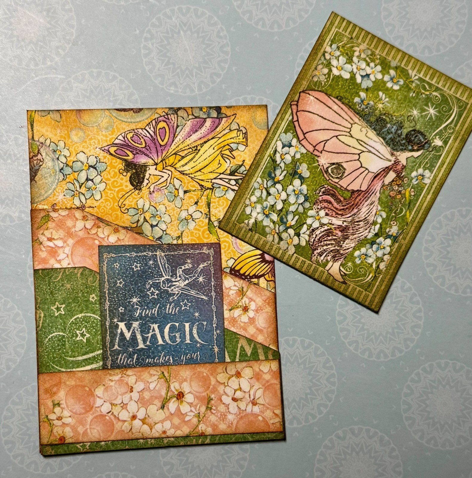 ACEO Mini Art Card Magic Fairy Fairies 2 pc Pocket Collage Paper, Ink by KJS