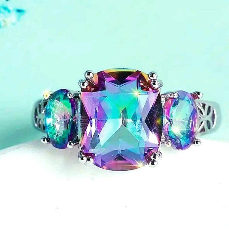 925 Sterling Silver Rainbow Mystical Fire Topaz Wedding Engagement Ring Size 6