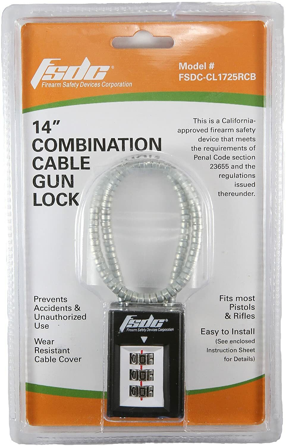 FSDC Firearm Safety California Approved 14-inch Combination Cable Gun Lock
