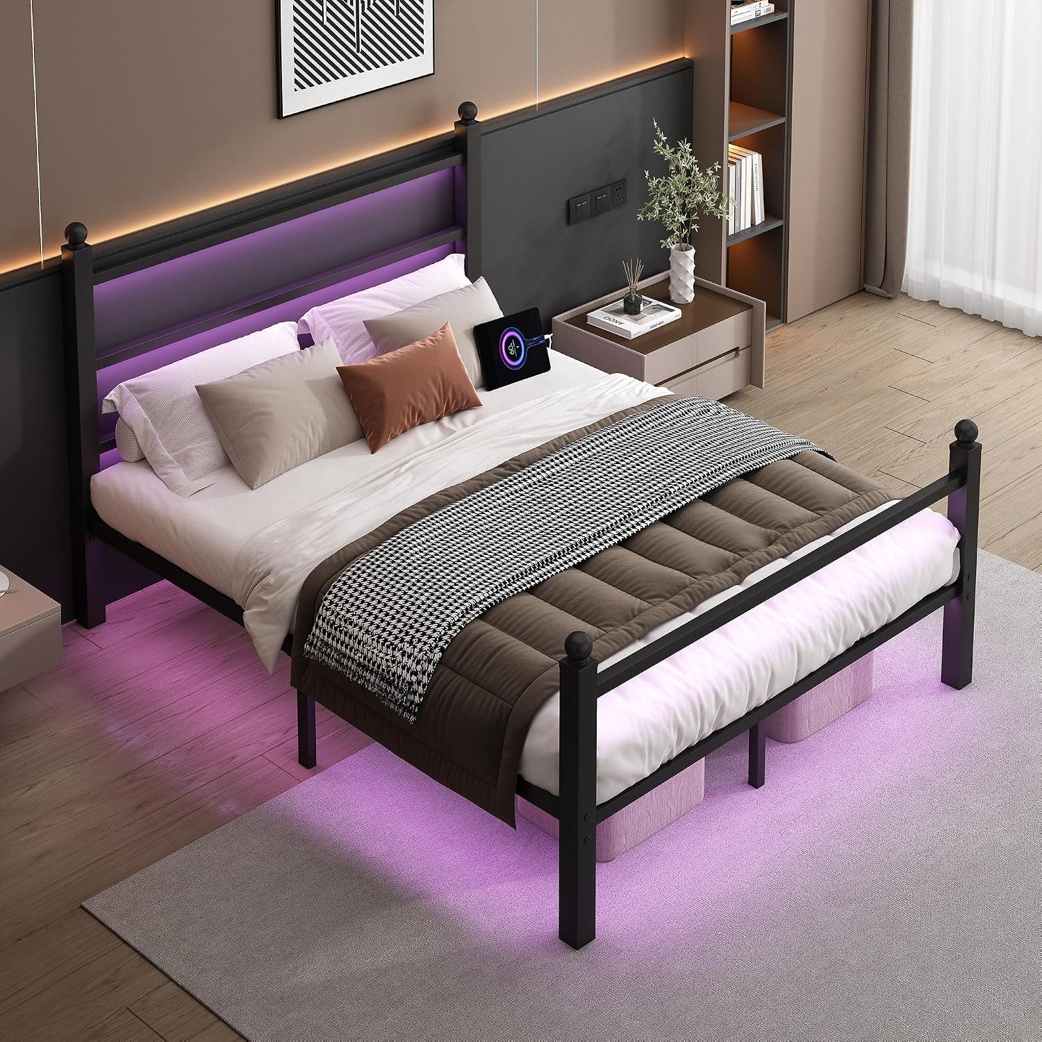 Full Size Bed Frame with Headboard and Footboard,Steel Slats Support-Led Bed Fra