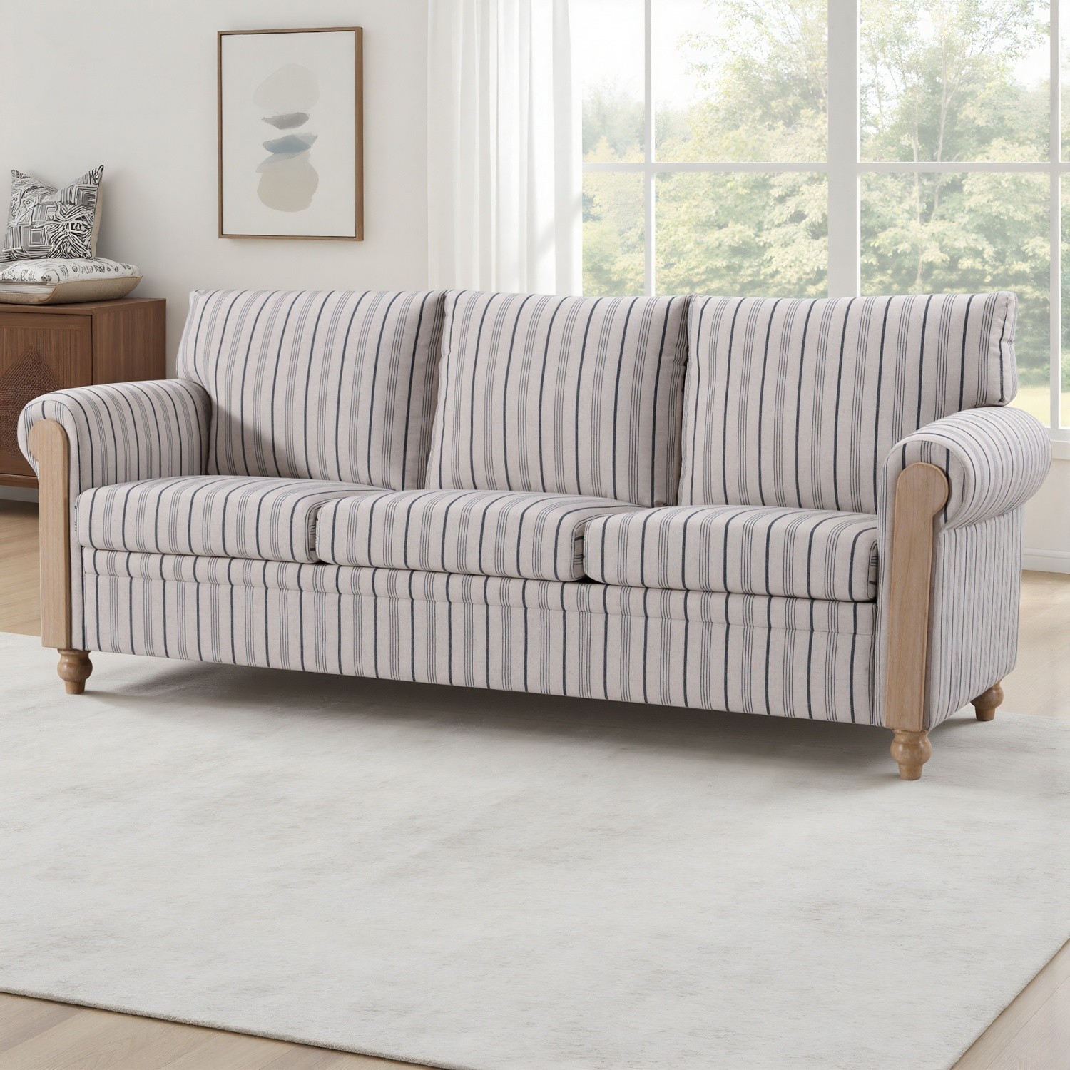 Modern Blue White Stripe 3 Seater Sofa Fabric Armrest Couch with Solid Wood Legs