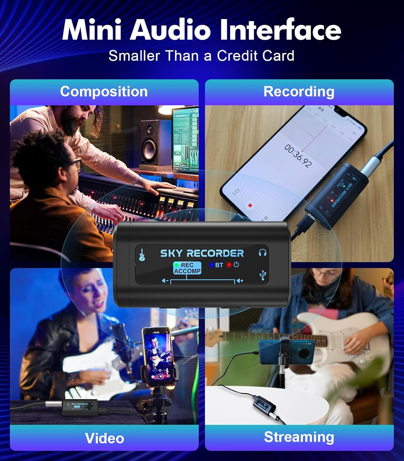 Guitar Audio Interface Pocket Internal Recording Sound Card with Bluetooth, Inte