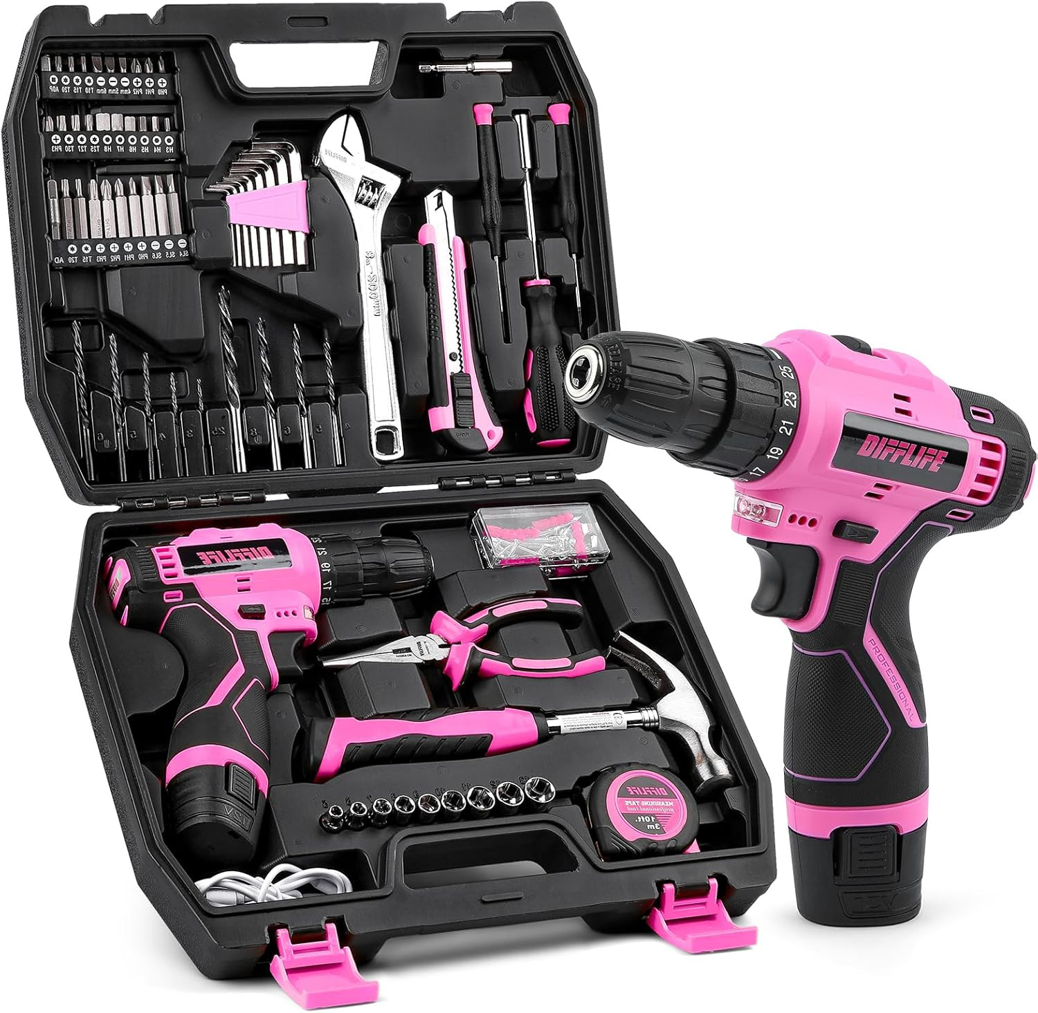147 Piece Pink Power Drill Drivers Tool Set with 12V Cordless Drill, Professiona