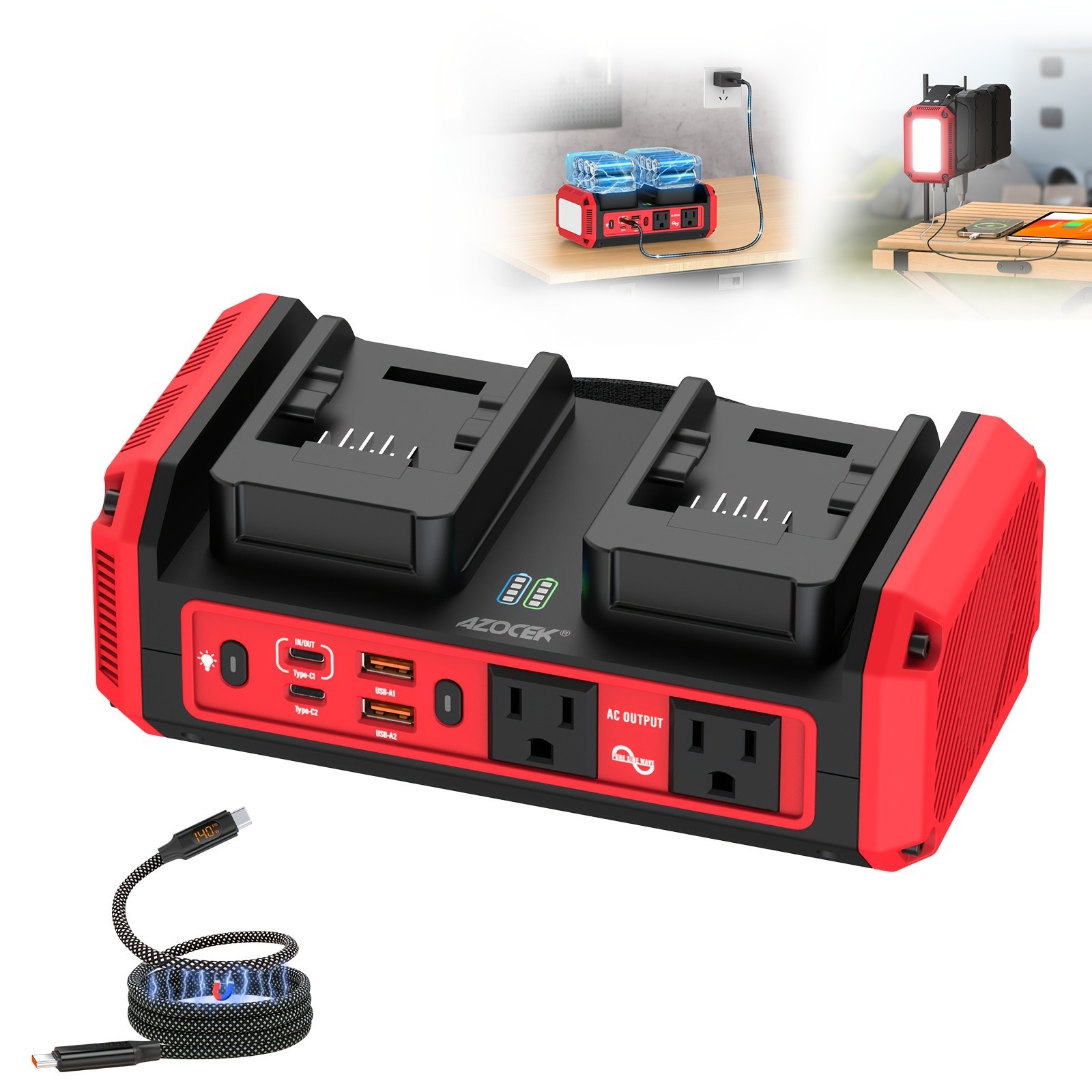 350W Pure Sine Wave Inverter for Milwaukee 18V Battery AC Outlet USB-C PD