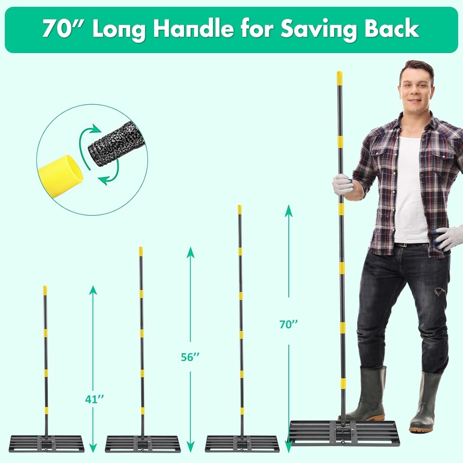 Compact & Versatile Lawn Level Rake with 56 Inch Adjustable Long Handle Design