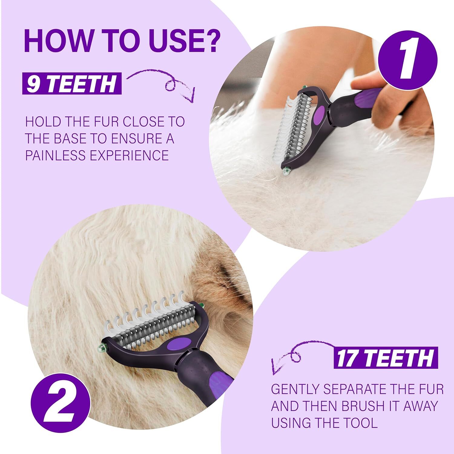 Professional Pet Grooming Brush: Purple, Extra Wide Double-Sided Teeth