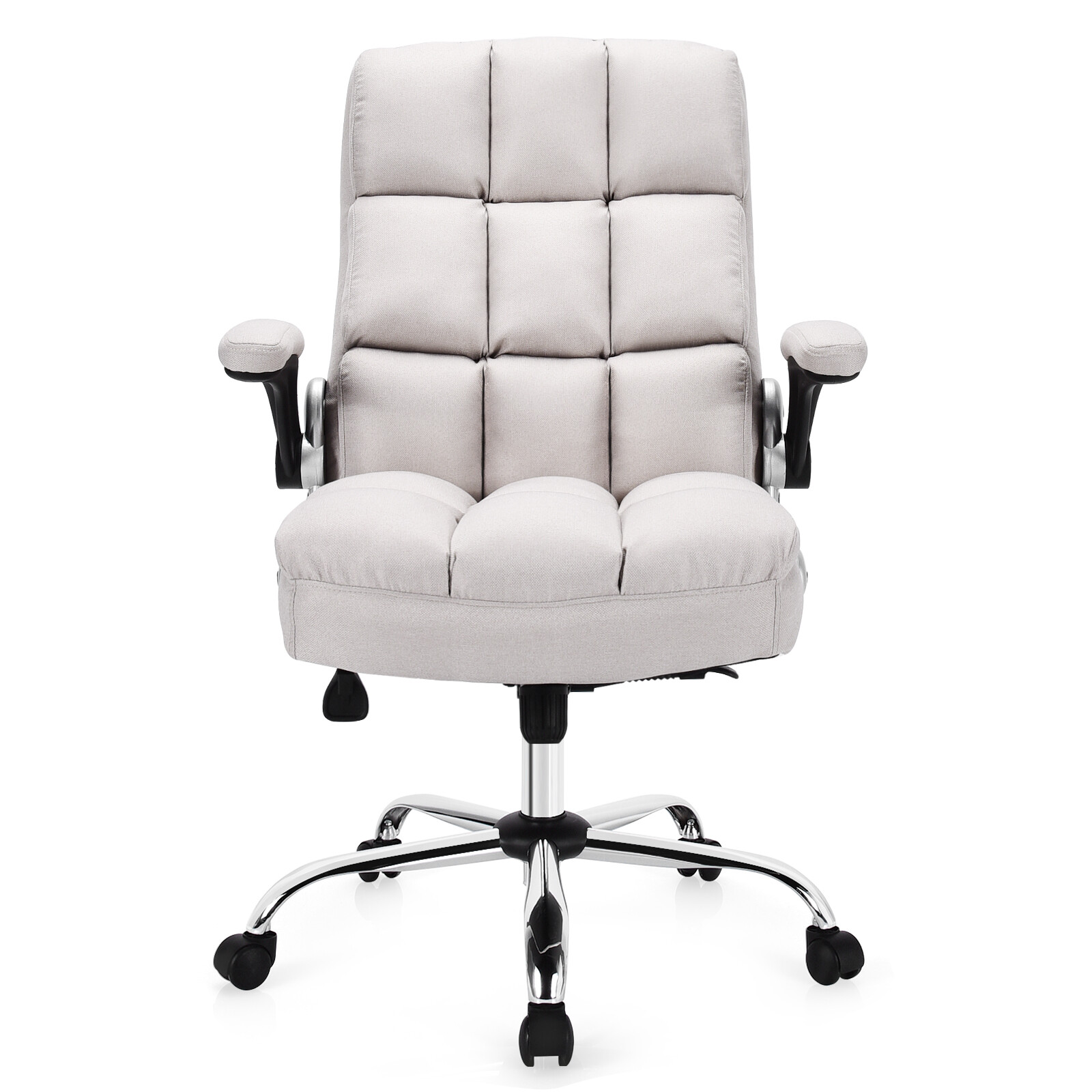Costway High Back Big & Tall Office Chair Adjustable Swivel w/Flip-up Arm Beige