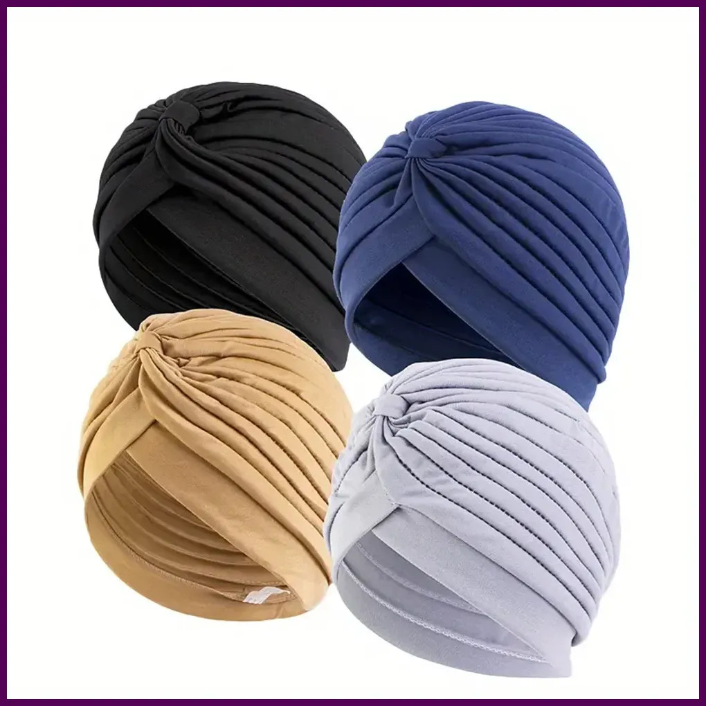 Conjunto de 4 turbantes de color liso para mujer, gorros elásticos para quimiote