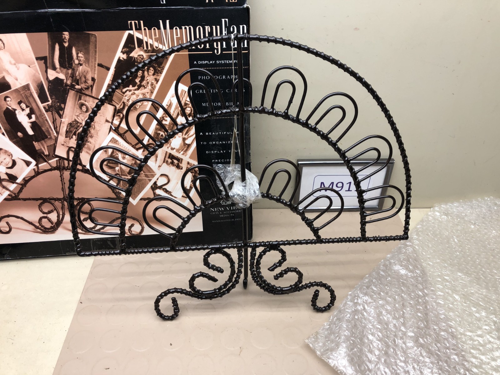 Black Metal & Wire Tabletop Art Piece, Half Moon Shape Holds Cards & Letters