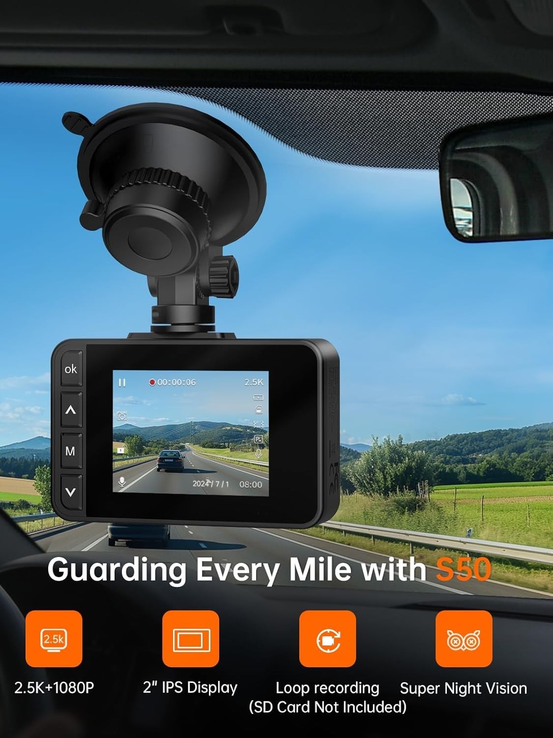S50 G-Sensor Dash Cam, Loop Recording, 2'' Display