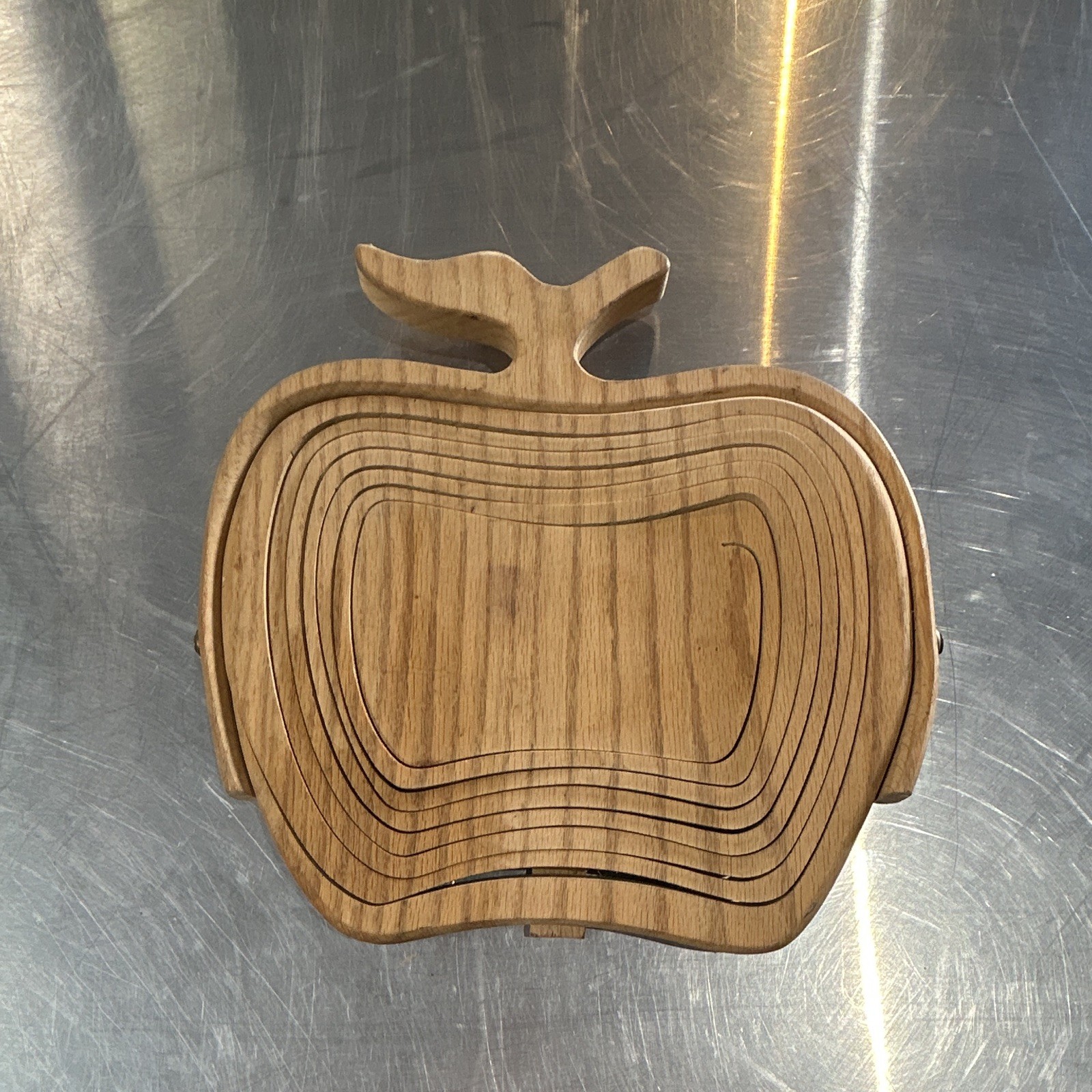 Foldable Wooden Apple-Shaped Basket Bowl w/ Handle, Brown 11x11x9 in