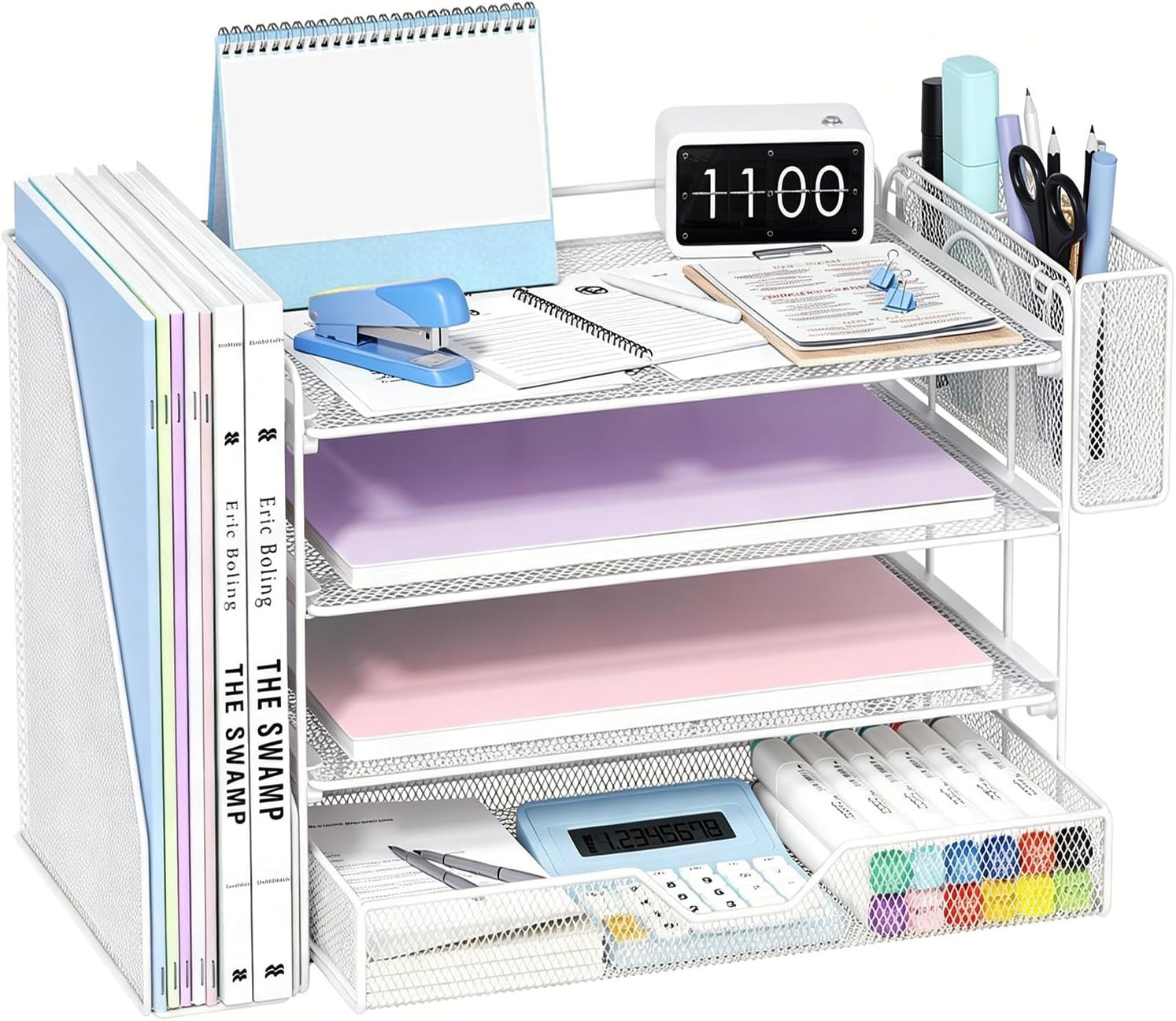 4-Tier Desk Organizer and Accessories, Desktop File Organizer with Drawer, Pen H