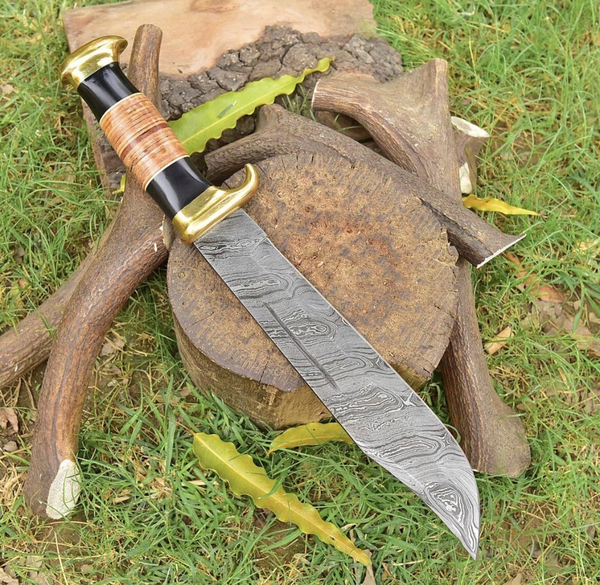 DAMASCUS Steel Fixed Blade Bowie Knife Hunting Survival Camping Outdoor Knife