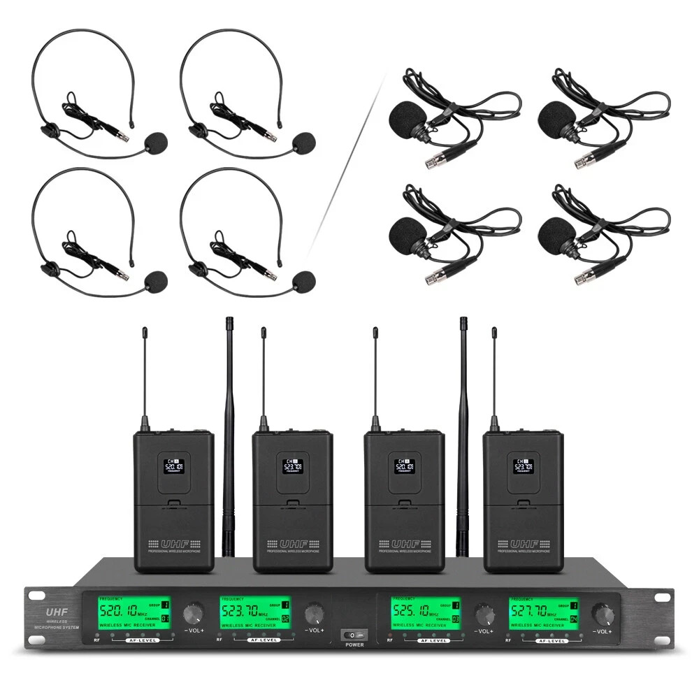 Pro Audio Wireless Microphone System UHF 4 Channel 4 Lavalier Bodypacks Headset