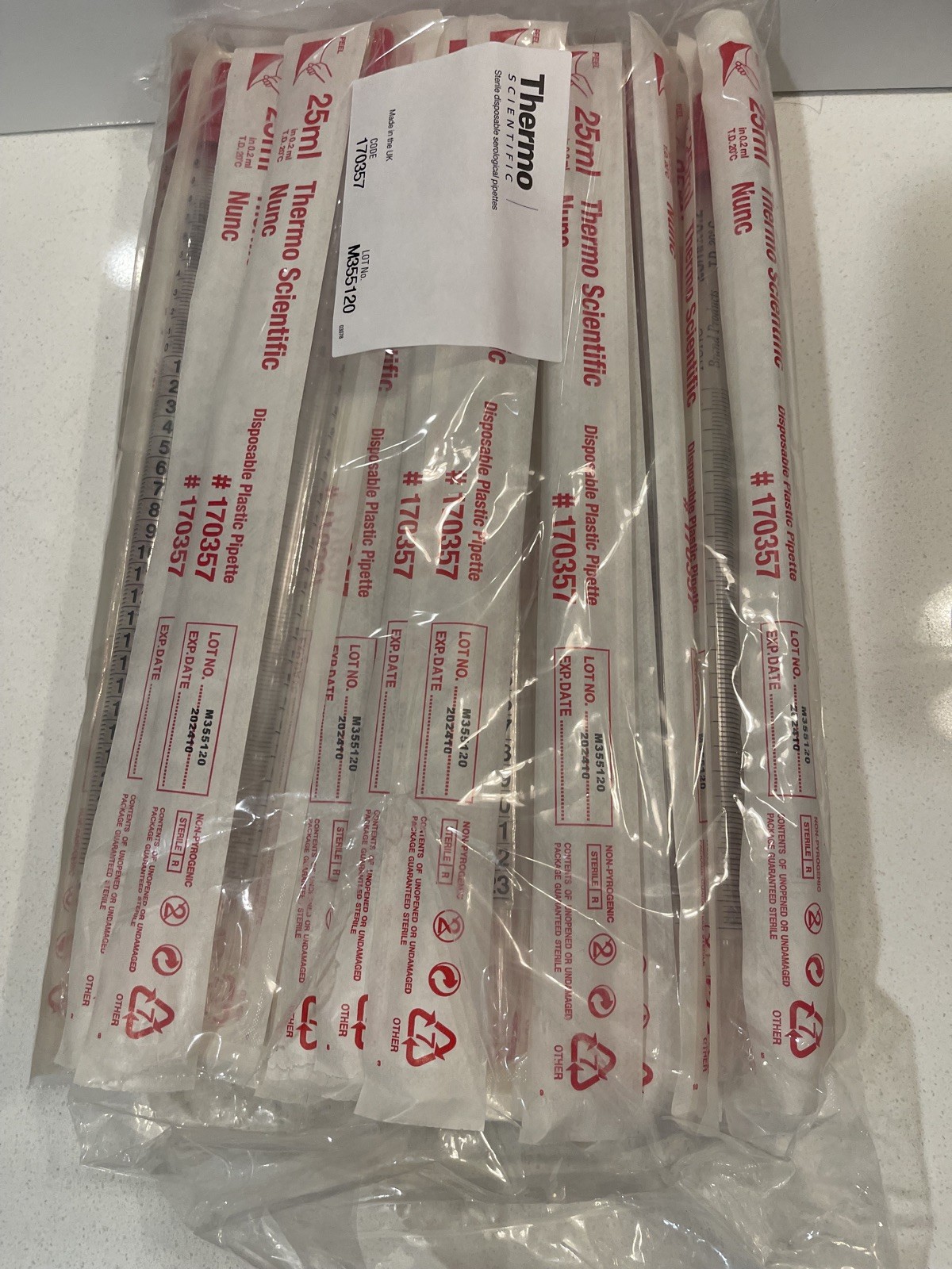 THERMO SCIENTIFIC Polystyrene 25mL Nunc Serological Pipette 170357 (50/pack)