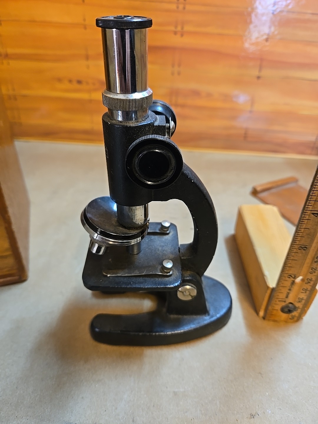 Vintage "Medic" Compound Microscope w/ Wooden Box; Two Data Cards Included
