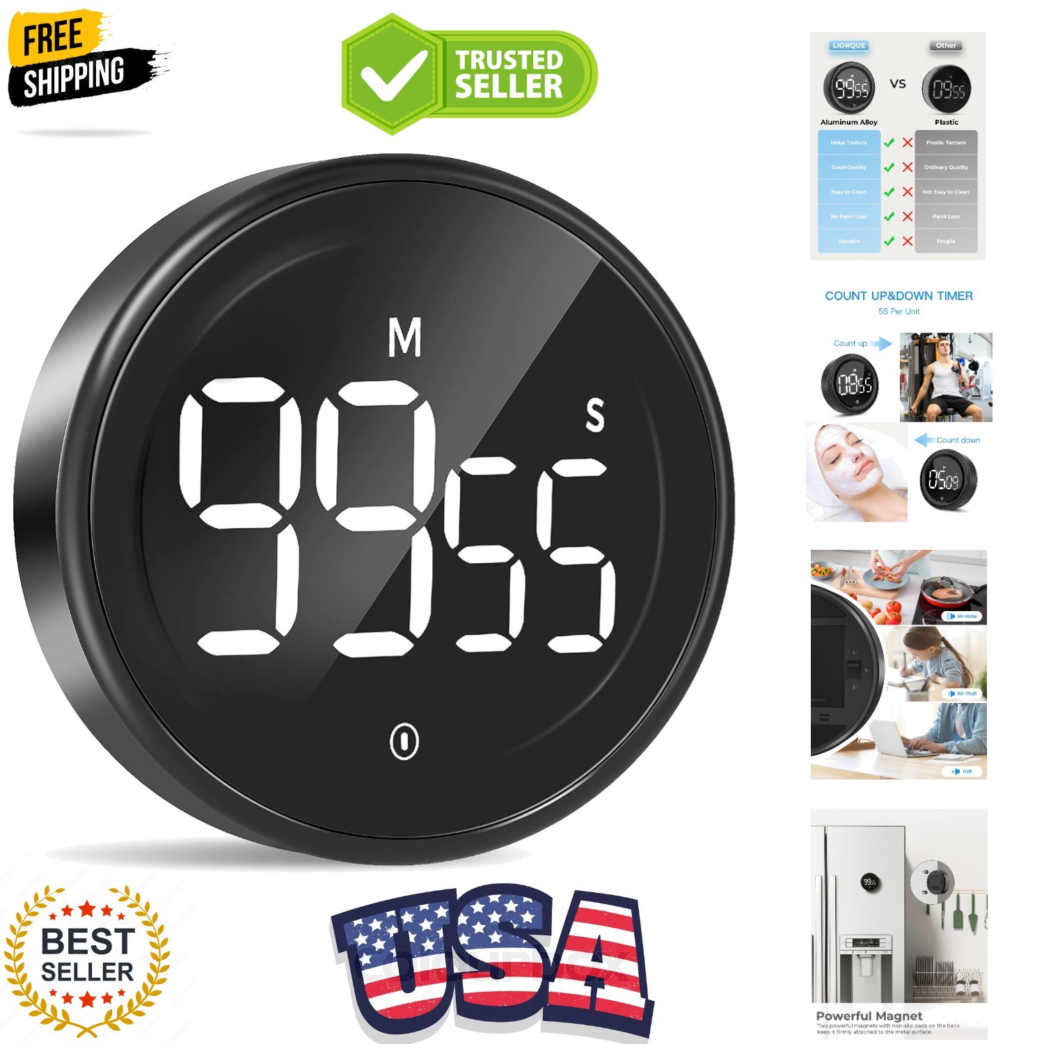 Digital Kitchen Timer, Magnetic Countdown Countup Timer with Large LED Displa...