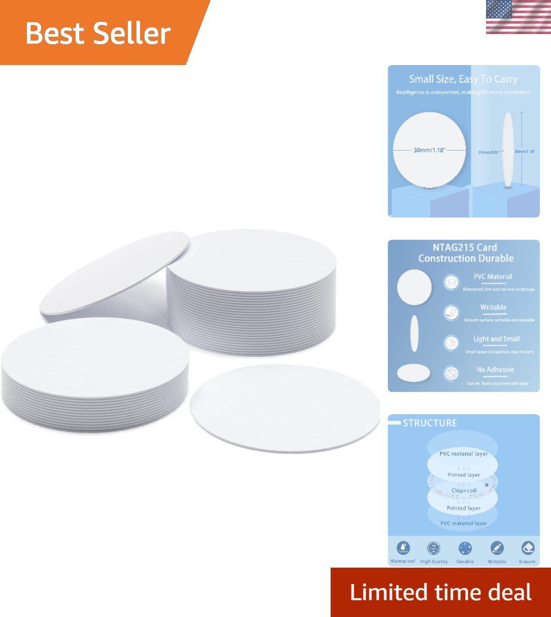 12pcs NFC Tags NTAG215 NFC Coins Rewritable White NFC Tag Round 30mm | NFC Ca...