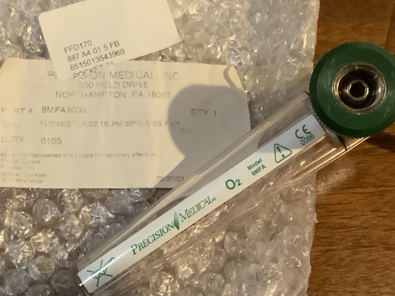 PRECISION MEDICAL 8MFA-1003 O2 Flowmeter 0-15 LPM - NEW