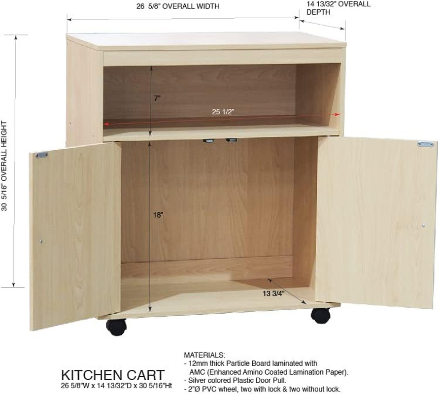 Beech Microwave Kitchen Cart with 2-Door Cabinet & Storage Shelf