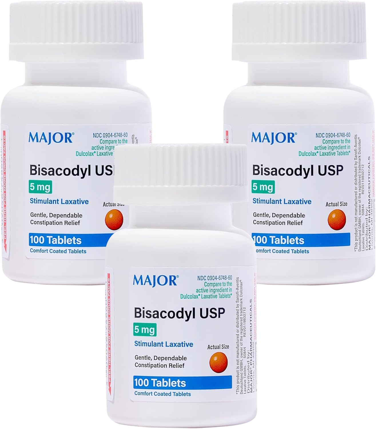 3-PACK Major Bisacodyl 5 mg Stimulant Laxative Enteric Coated Tablets