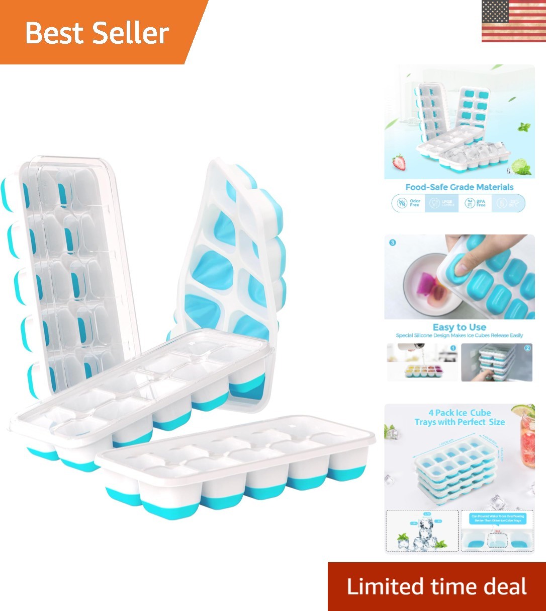 Versatile 4 Pack Ice Cube Trays with Spill-Resistant Lids - Dishwasher Safe