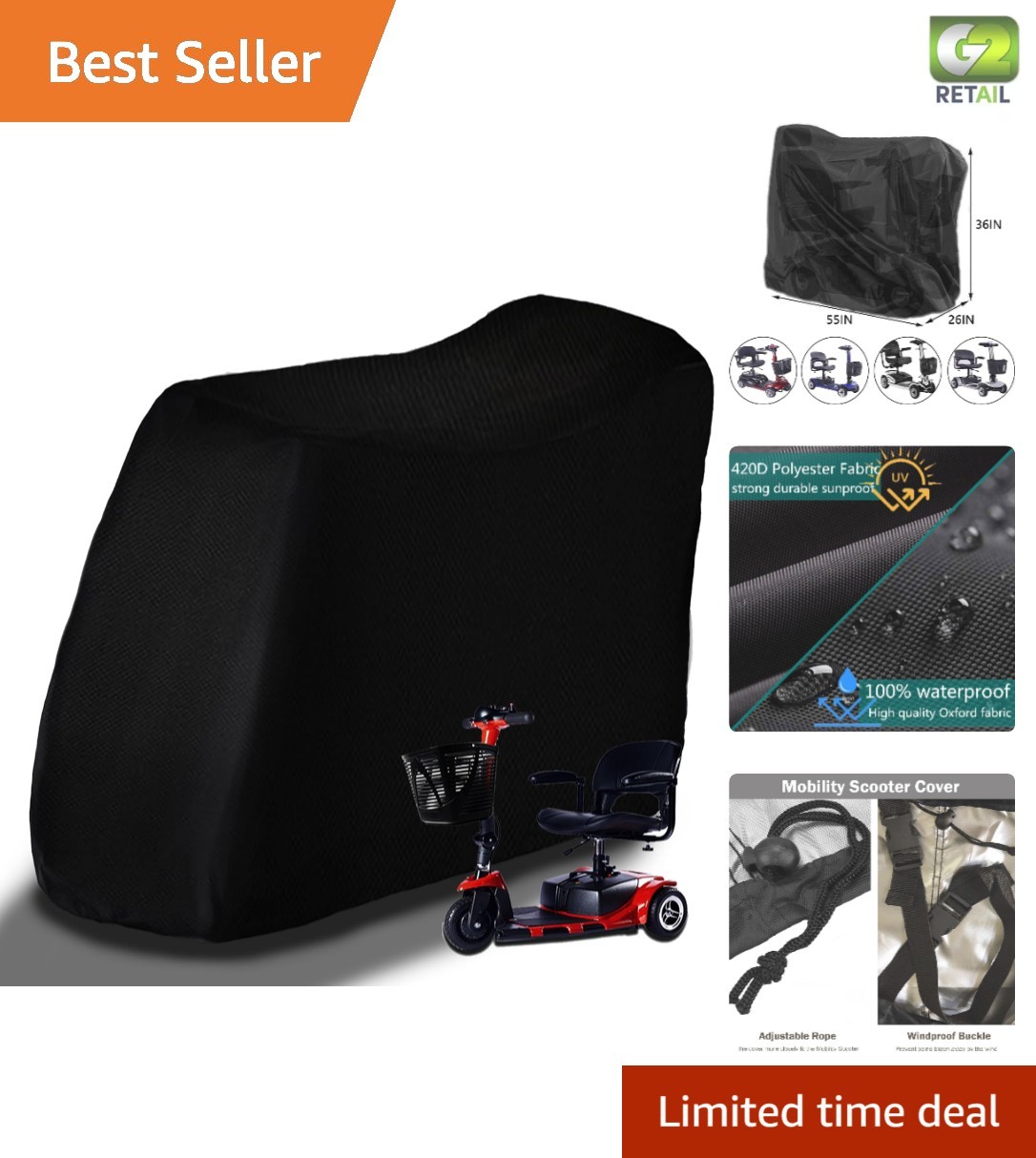 Heavy-Duty Oxford Fabric Mobility Scooter Cover - 55" for 3 & 4 Wheel Scooters