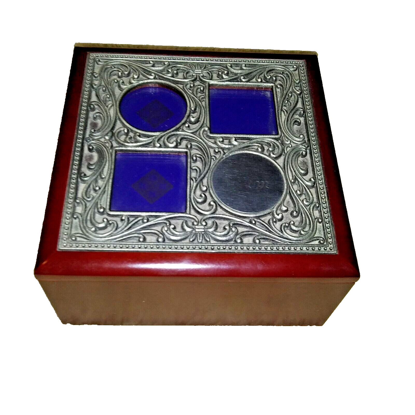 Mahogany Wood Jewelry Box With Ornate Metal Lid & Velvet Interior