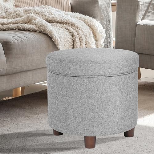 Home Decor | Upholstered Round Storage Ottoman | Ottoman with Light Gray
