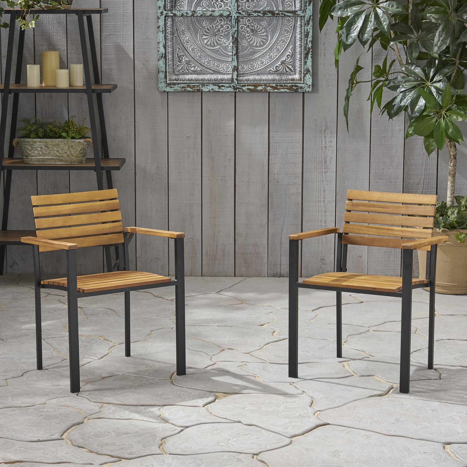 Modern Industrial Dining Chair Set - Acacia Wood Slats, Minimalist
