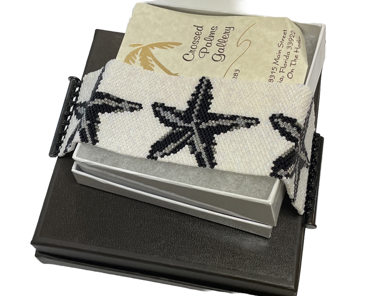CROSSED PALMS GALLERY SEED BEAD STARFISH PATTERN BRACELET  7” LONG 1.5” WIDE