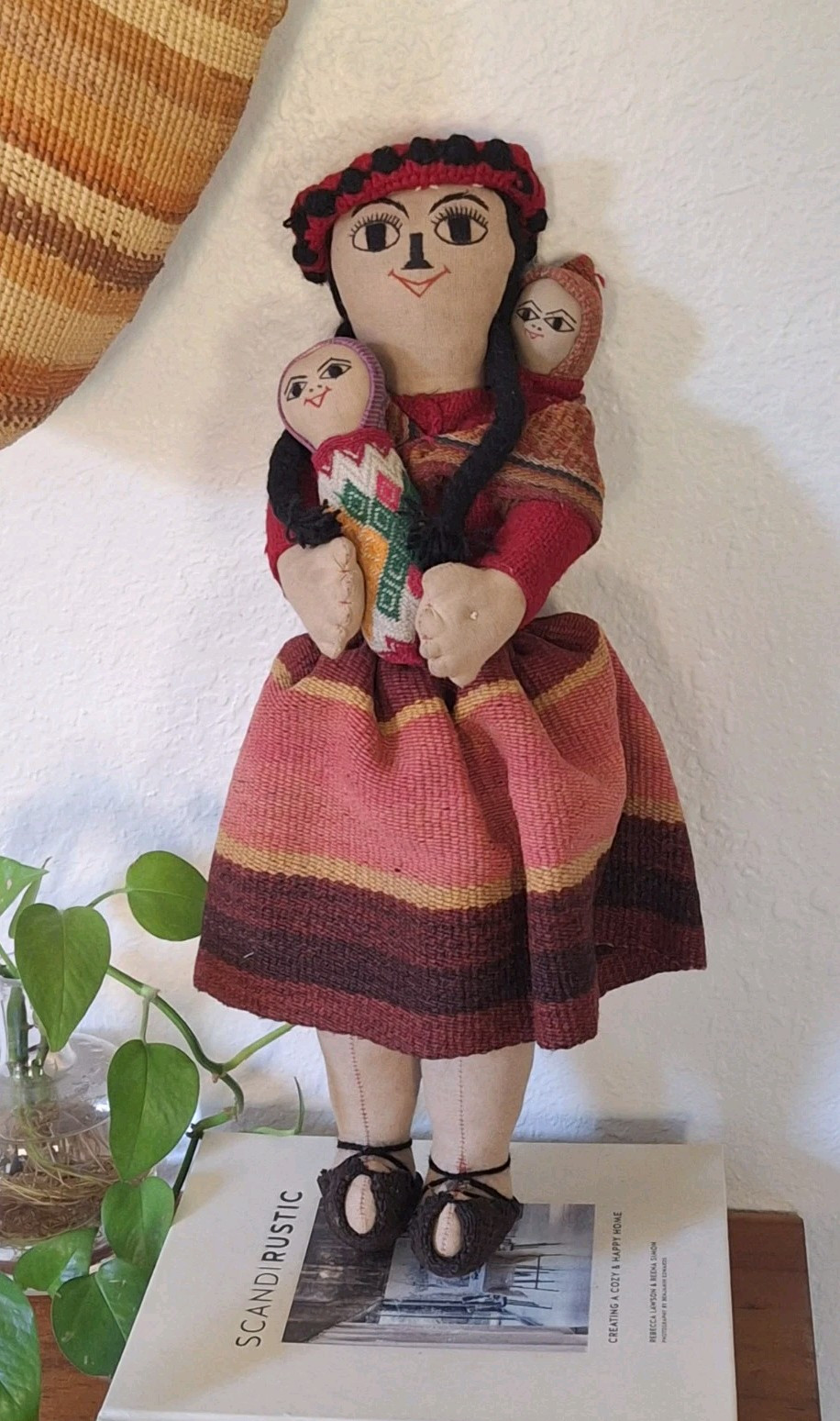 Vintage Peruvian Hand Made Folk Cloth Rag Doll Mom w/ Baby Peru Detailed 20"