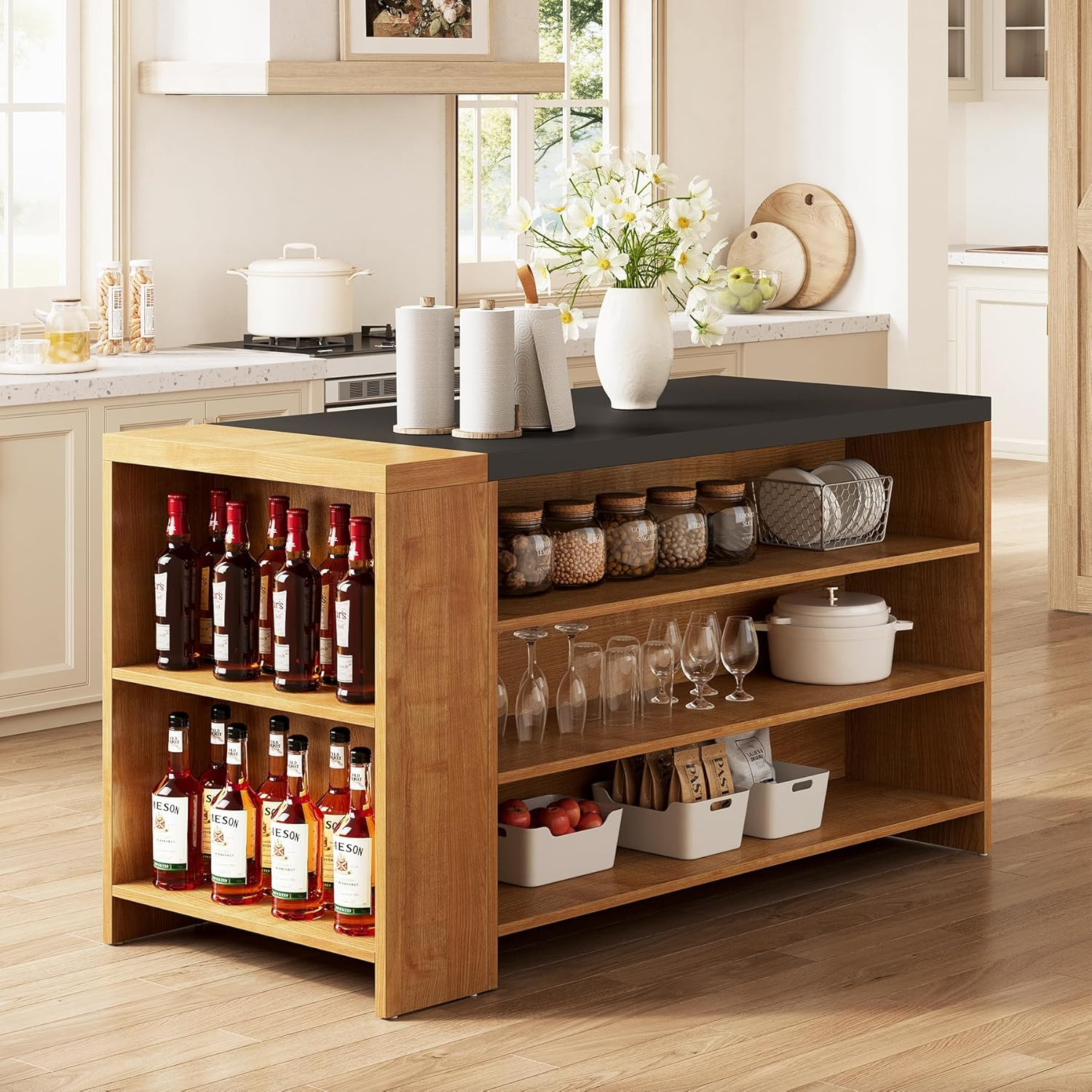 Modern 55" Kitchen Island with Storage & Large Worktop - Oak Finish