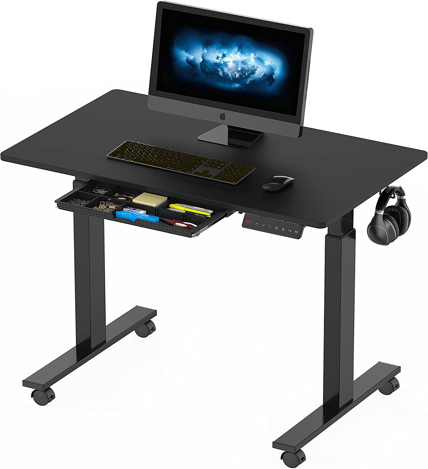 40-Inch Electric Height Adjustable Sit-Stand Desk with Drawer and Hooks, Black