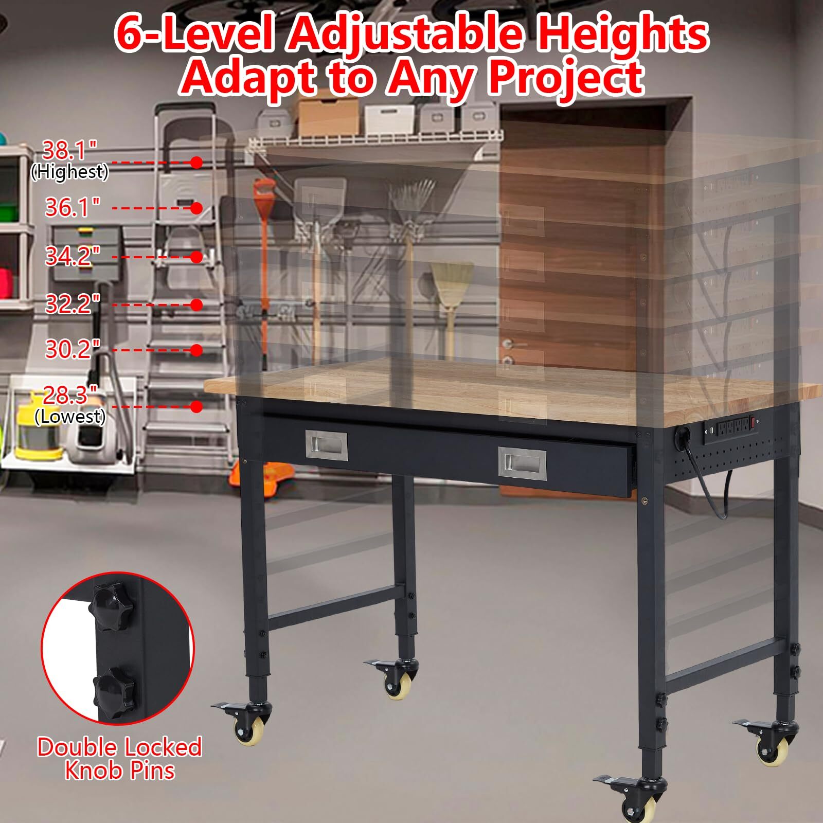 48" Adjustable Workbench Heavy Duty Workstation 2000 LB Load Capacity W/Drawer