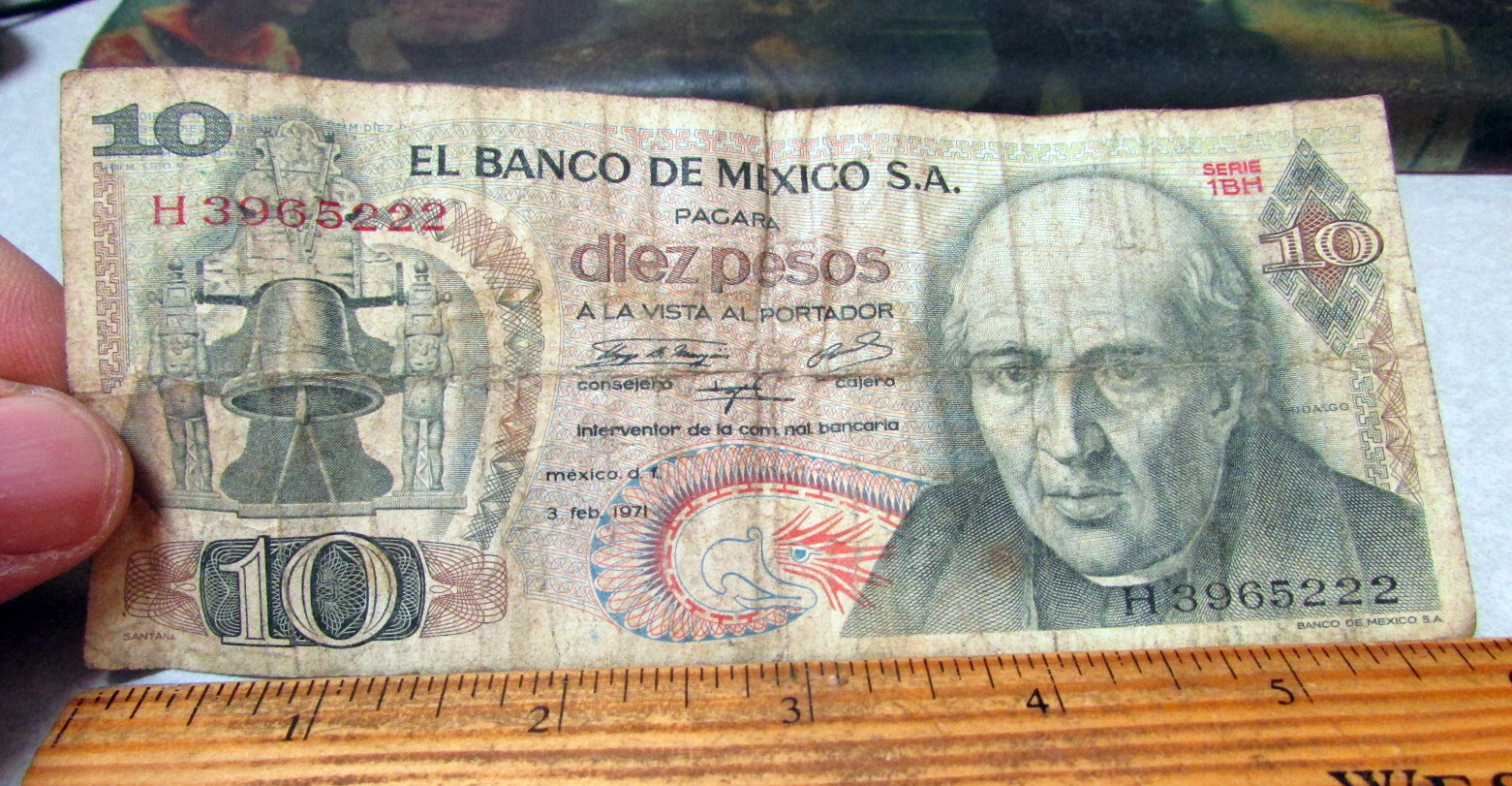 vintage 1971 Mexico 10 peso Diez pesos banknote, fun collectible bill note