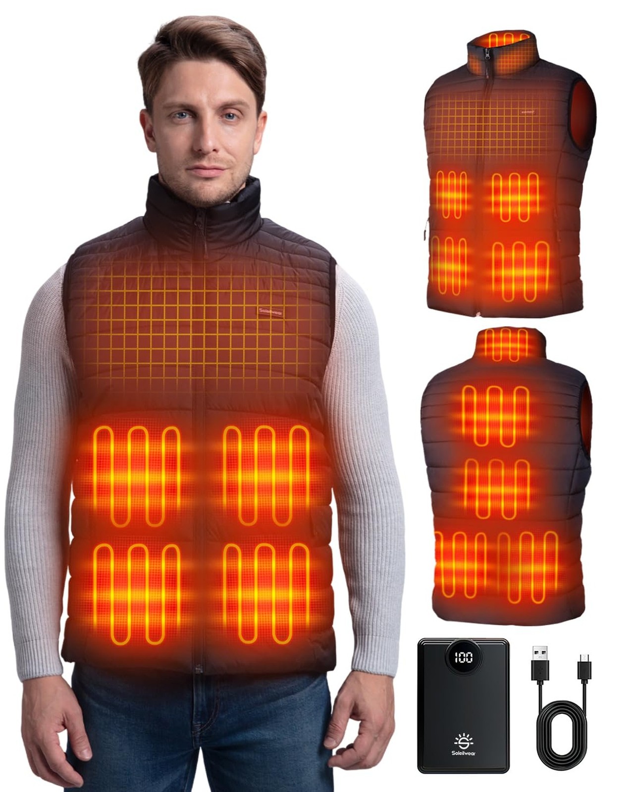 Soleilwear Heated Vest for Men, 9 Heating Zones 12000mAh Battery Pack, Rechar...