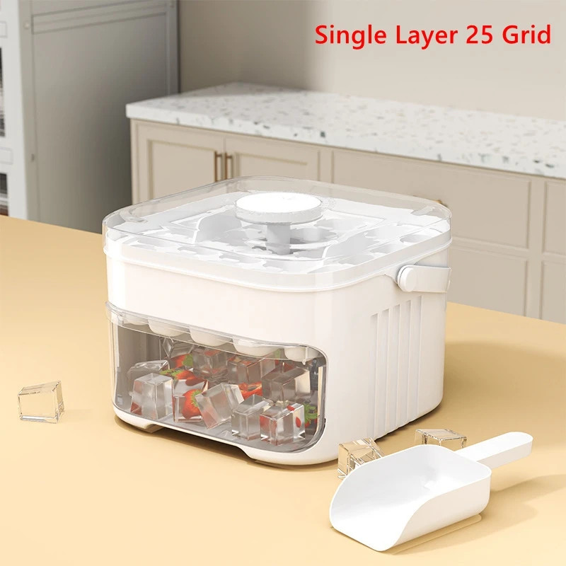 Compact Double Layer Ice Cube Tray with Lid and Bin, Pull-Out Ice Drawer with Po