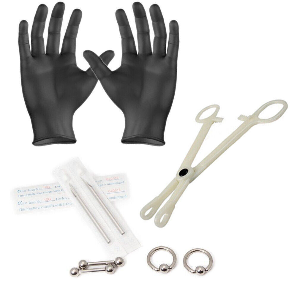 10 Gauge Piercing Kit Surgical Steel Captives, Barbell, Needles, Forceps,Gloves