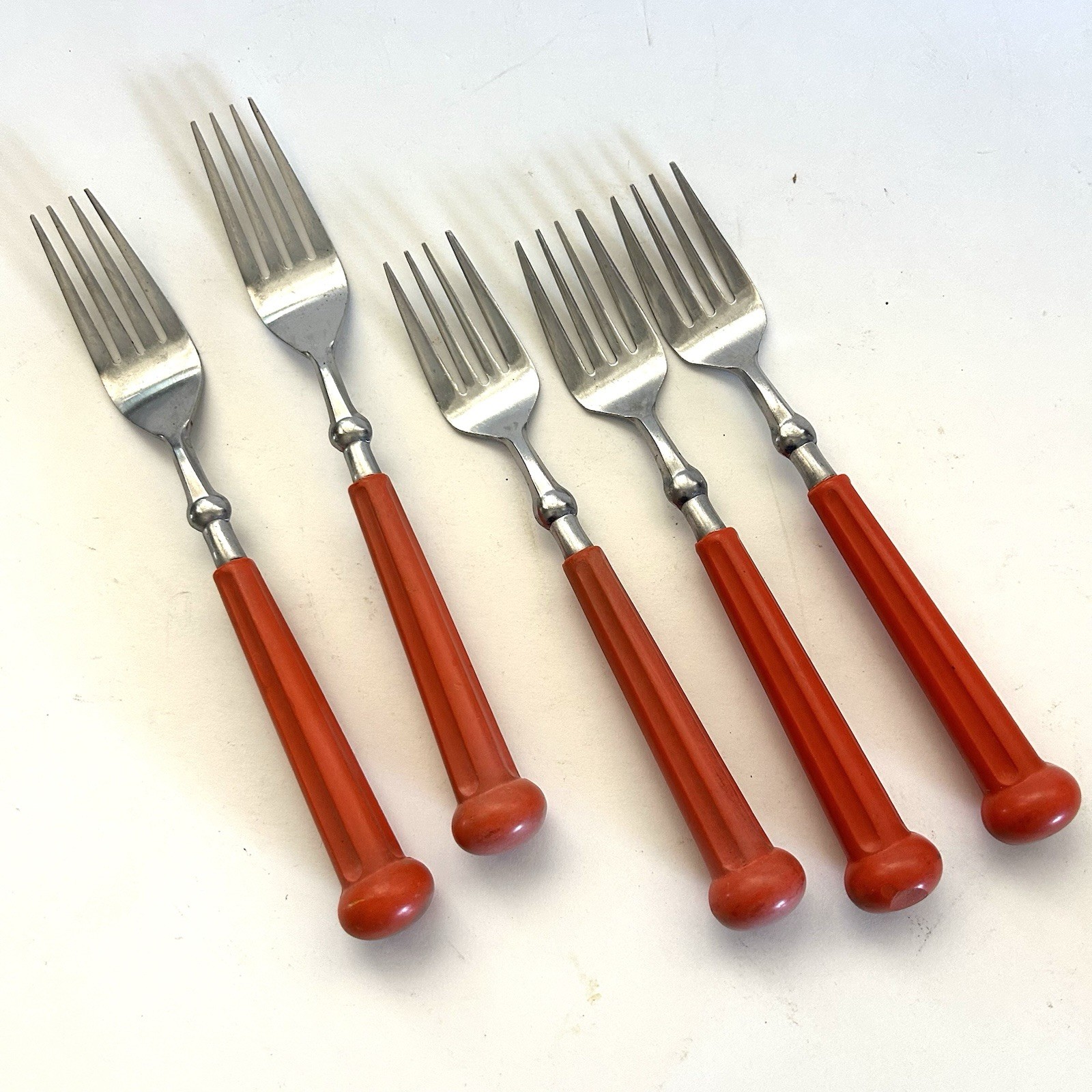 VTG MCM Oxford Hall Forks Fashion Wear Stainless  Orange Handles Set Of 5 Read