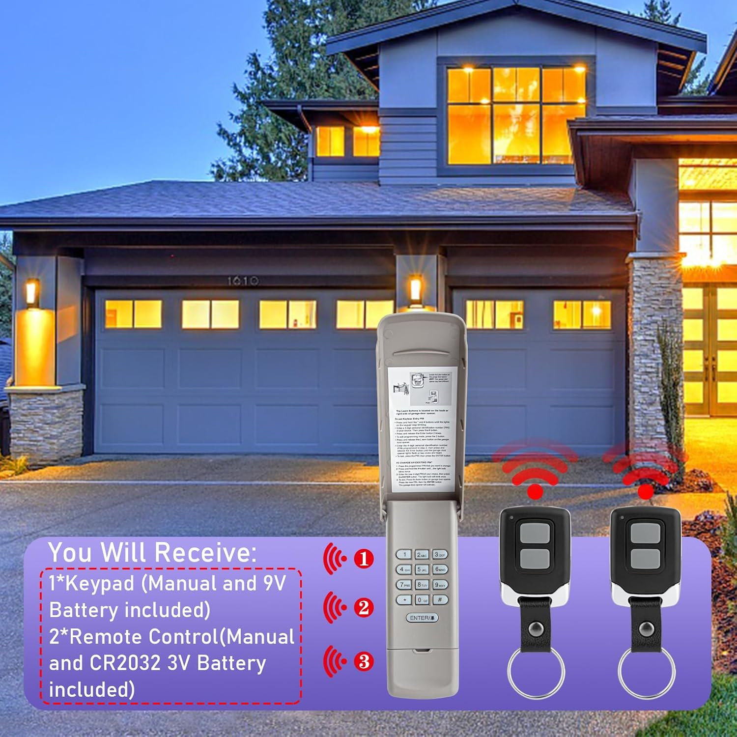 377LM Wireless Keypad 2 Keychain Remotes for Liftmaster Purple Learn Button | 3