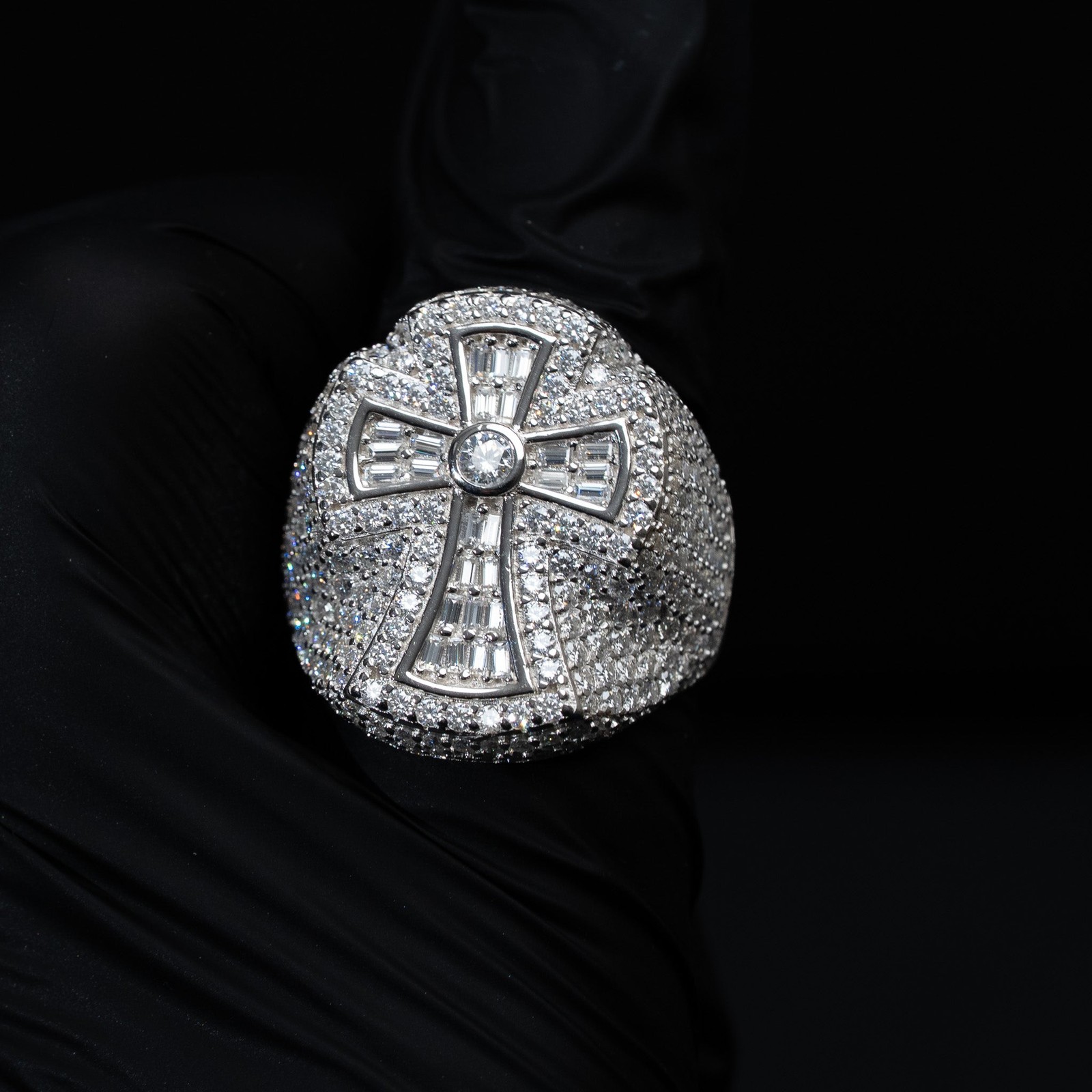 Mens Moissanite Baguette Cross Ring Religious Real 925 Sterling Silver Hip Hop