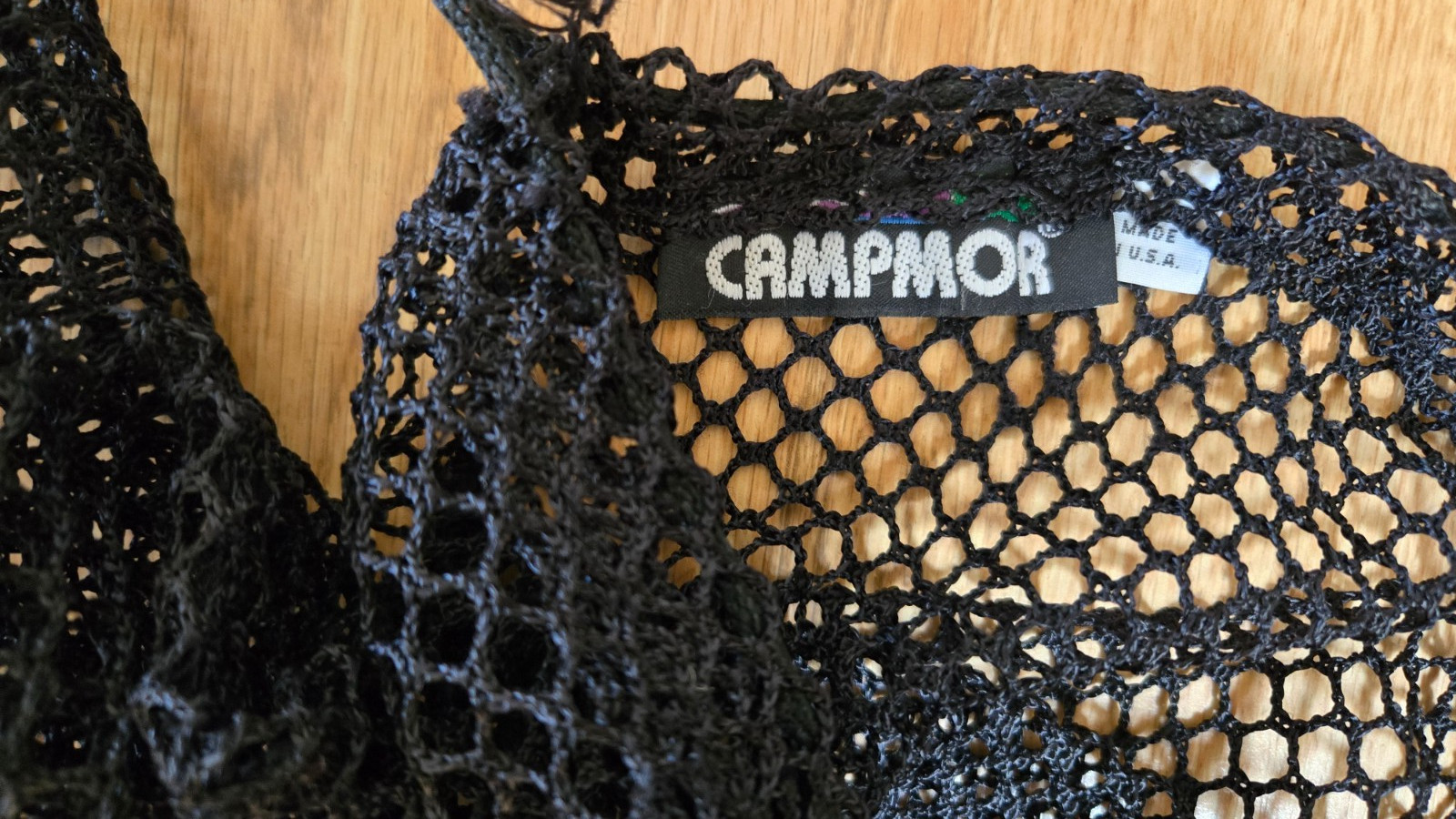 Campmor mesh storage bag, black, Laid flat: 23" x 14" wide; 8" diameter