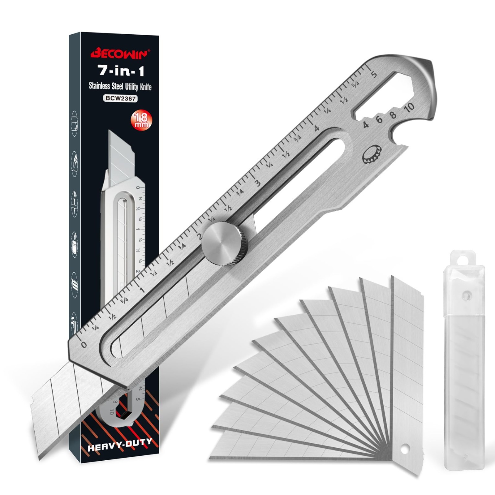 7-In-1 Mutipurpose Utility Knife, Stainless Steel Retractable Box Cutter, Heavy