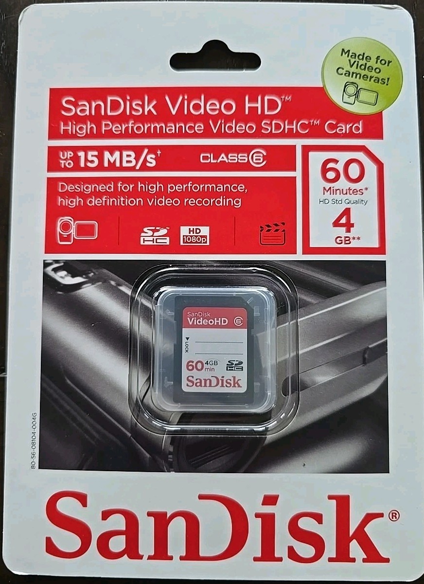 SanDisk video HD High Performance Card 4GB Class 6 w/card protective Jewel case