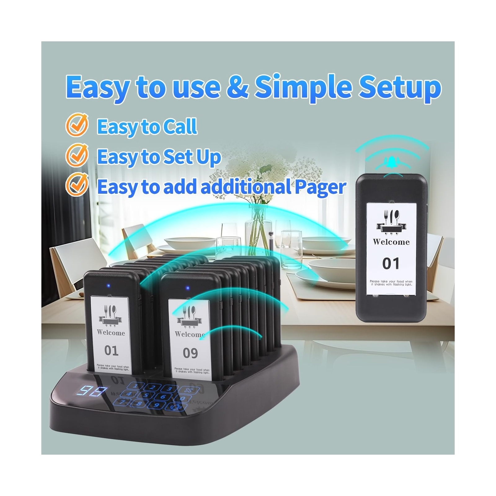 Restaurant Pager System, 16 Wireless Beepers, Touch Screen Keyboard Calling C...