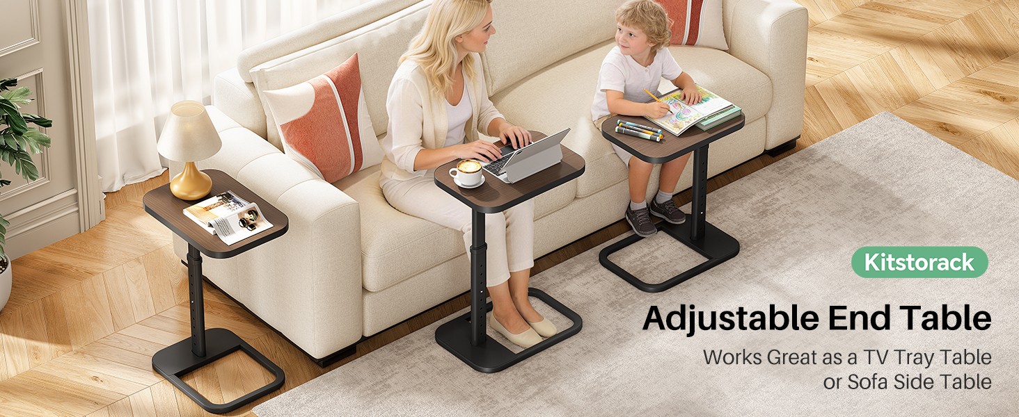 Kitstora Adjustable Height C-Shaped End Table, 9-Level Side Table with