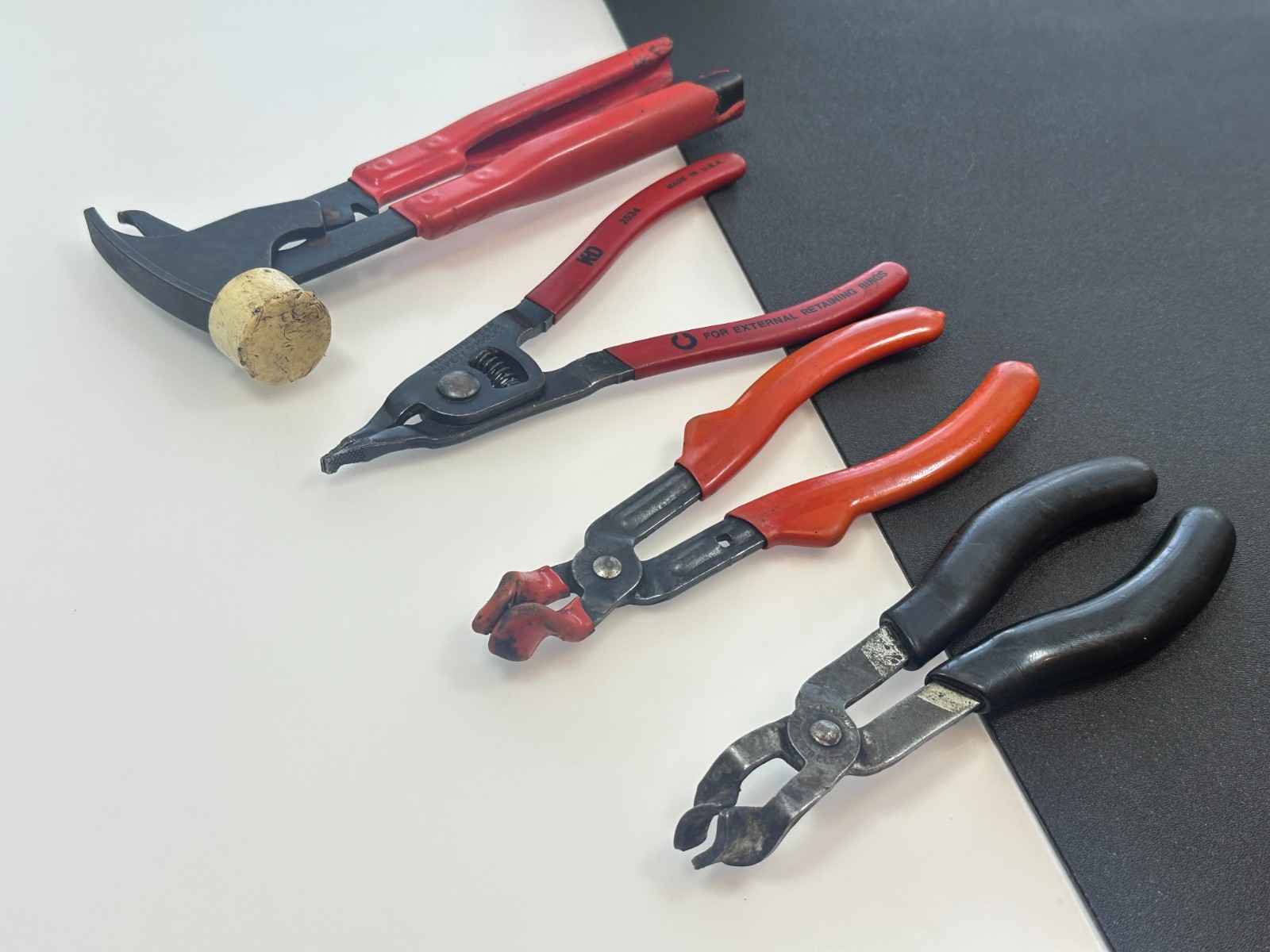 KD Tools USA 4pc Mixed Pliers, Wheel Weight, Snap Ring & Spark Plug Boot Tools
